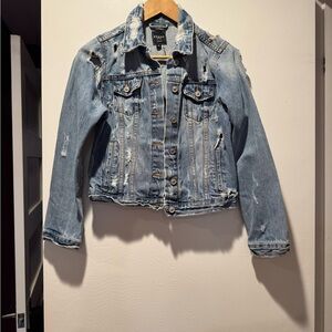 Blue Cropped Jean Jacket with Distressed Look